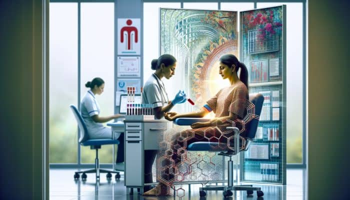 What Symptoms Do You Get With High Ferritin: Diverse UK patient in NHS clinic undergoing blood test for haemochromatosis, with iron chains symbolising genetic risks and organ damage.