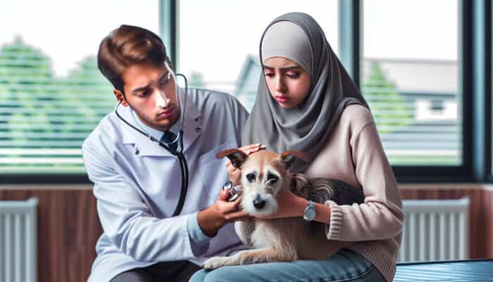 Concerned pet owner holds thin, malnourished dog in vet clinic as veterinarian examines it with stethoscope and charts.
