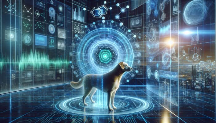 A curious dog in a high-tech lab with glowing blue and green holographic neural networks analyzing behavior and processing data graphs.