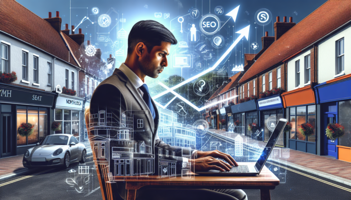 Bustling Northleach street with vibrant shops, overlaid by rising traffic graphs, floating SEO keywords, and an entrepreneur optimizing Google My Business on a laptop.
