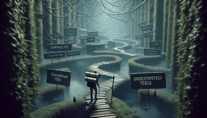 Preparing to Apply for a Debt Consolidation Loan | DCL A foggy labyrinth path with spiked traps for fees, tangled vines for terms, and a heavy backpack of bills.