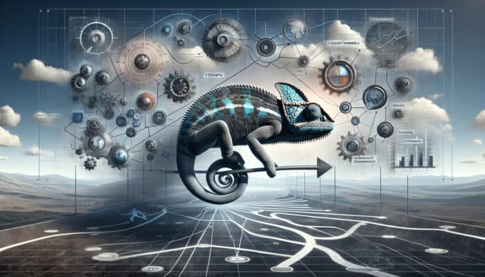 A chameleon-like figure adapts in a shifting market landscape, surrounded by clear pathways, client networks, and evolving gears, symbolizing business strategy success.