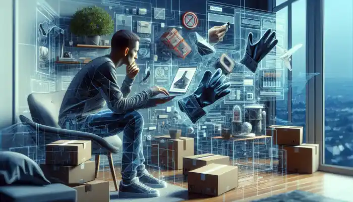 Shopper in a modern Guildford home browsing vinyl gloves on a laptop with Amazon UK and eBay, surrounded by delivery boxes and reviews.