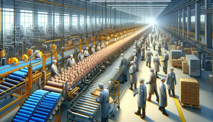 Skilled workers in a bustling UK factory producing durable PVC vinyl gloves on conveyor belts under bright lights.