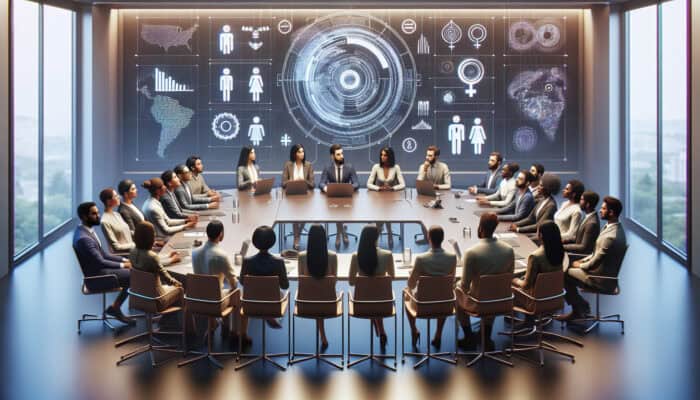 Diverse experts of various ethnicities and genders discuss anti-discrimination policies in a modern conference room, with equality symbols, charts, and laptops on the table.