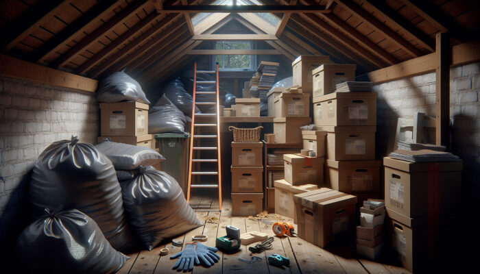 Dimly lit autumn UK attic with scattered clutter clearing supplies: dust sheets, stacked boxes, gloves, torches, ladder, bin bags, label maker, and tape.