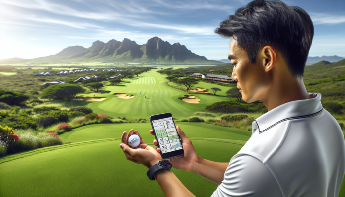 A focused golfer on a sunny South African course, using a GPS device and app to analyze performance data amid lush fairways and mountains.