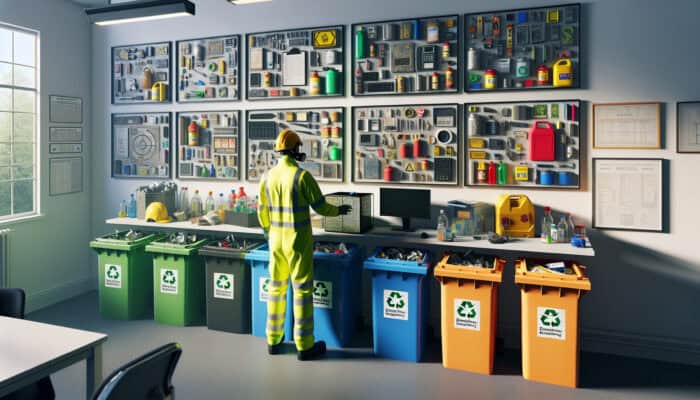 A worker in safety gear sorts hazardous materials like electronics and batteries into color-coded recycling bins in a modern office, with Environment Agency posters on the wall.
