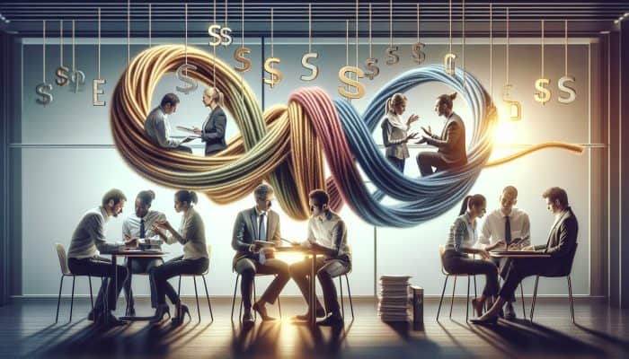 Using a Credit Union for Debt Consolidation: A Smart Choice | DCL People in a modern credit union discuss debt consolidation; tangled ropes merge into a glowing thread symbolizing financial freedom.