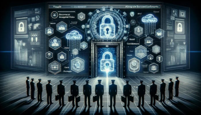 A futuristic digital fortress with glowing encrypted locks on holographic files, biometric gates, shadowed masked documents, and shielded cloud backups.