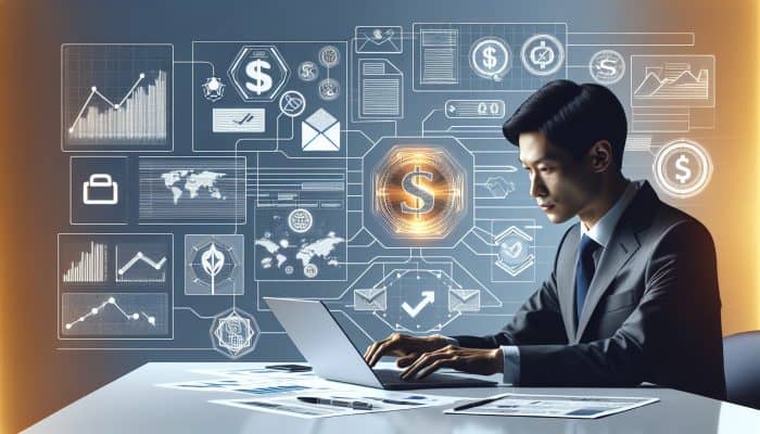 Using a Balance Transfer vs Consolidation Loan | DCL A focused professional at a UK desk researches balance transfer cards on a laptop, surrounded by financial charts, forms, and approval icons.