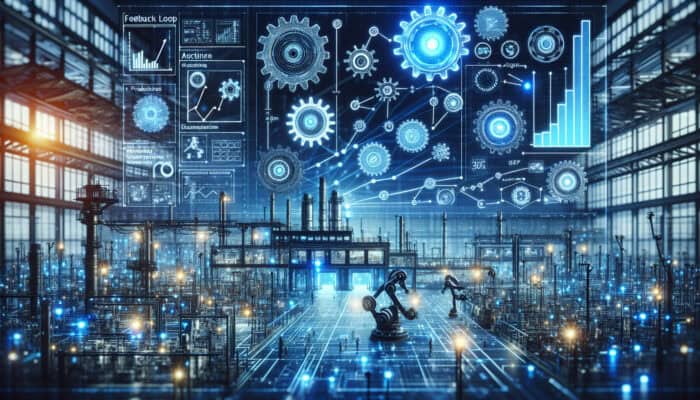 Dynamic factory illustration depicting gears, circuits, and robots in a feedback loop optimising operations with blue lights and rising graphs.