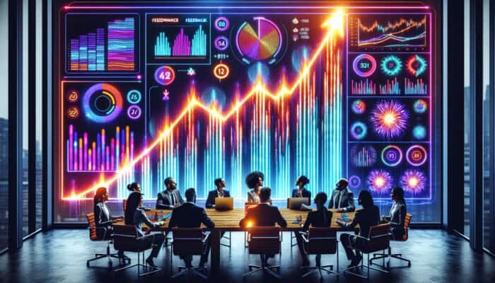 Professionals in a conference room analysing vibrant KPI dashboards with ascending graphs, reflecting performance growth.