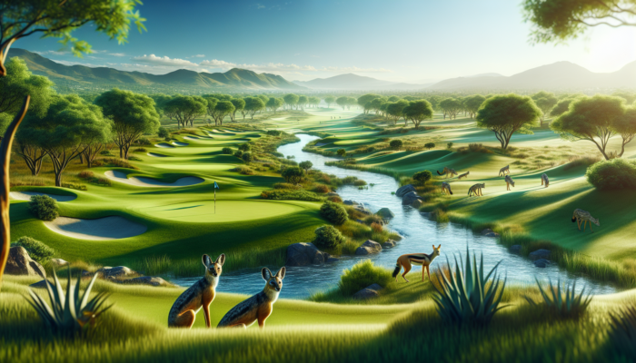 Aerial view of Jackal Creek Golf Club featuring lush fairways, a sparkling creek, majestic trees, roaming jackals, and a clear blue sky.