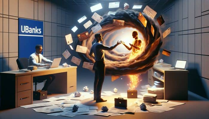 Debt Consolidation vs Bankruptcy Explained: Pros and Cons | DCL Debt Consolidation vs Bankruptcy Explained: A stressed person in a UK bank office merging scattered credit card bills and loans with an advisor, symbolising debt relief.