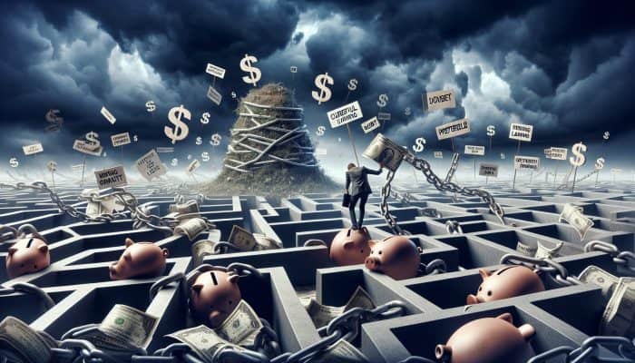 Debt Consolidation vs Bankruptcy Explained: Pros and Cons | DCL A stressed borrower navigates towering debt chains under stormy skies, surrounded by broken piggy banks and tangled financial documents.