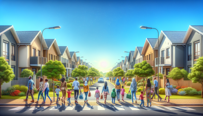 A vibrant street in Fichardt Park, Bloemfontein, with families walking kids to school, sunny skies, modern homes, and lush greenery.