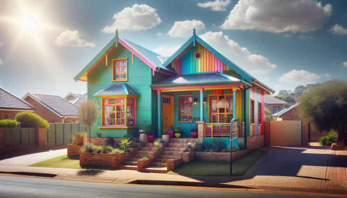 A freshly painted entry-level home in Pretoria's suburbs, with vibrant eco-friendly colors harmonizing with the African landscape under a sunny sky.