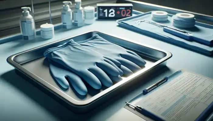 Sterile Nitrile Gloves in Weymouth: Close-up of blue sterile nitrile gloves on a tray in a Weymouth hospital, showcasing their smooth texture alongside medical tools.