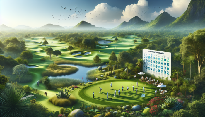 Lush presidential golf course with sustainable irrigation, blooming native plants, nesting birds, and an educational session under a clear blue sky.