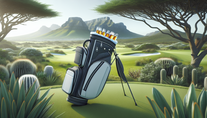 A sleek golf bag with integrated cooler on a lush South African golf course, featuring acacia trees, Table Mountain, and insulated pockets.