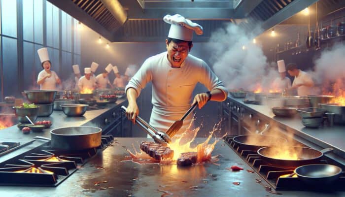 A frustrated chef in a steamy kitchen drops a sizzling steak with slippery, unbalanced tongs, causing messy spills on the counter.