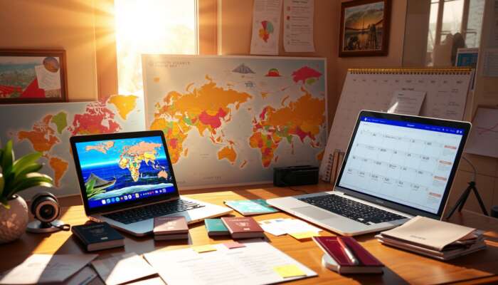 A traveller at a sunlit desk surrounded by colourful world maps, a laptop showing tropical beaches, passports, a detailed calendar, and motivational notes.
