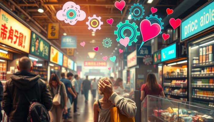A shopper in a bustling market examines products, surrounded by emotional auras, billboards, peers, and floating gears and hearts.