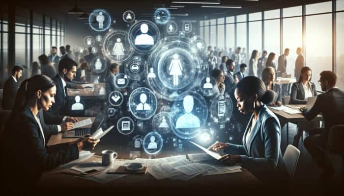 A recruiter in a bustling office reviews resumes, ignoring candidates demonstrating soft skills, with balanced skill icons in the background.