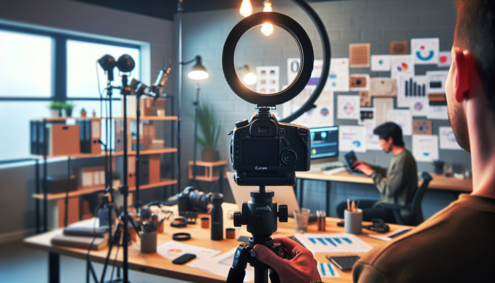 Video Content Production in Crewkerne for Small Businesses: Entrepreneur in Crewkerne workspace setting up Canon DSLR on tripod, surrounded by ring lights and microphones for video production.