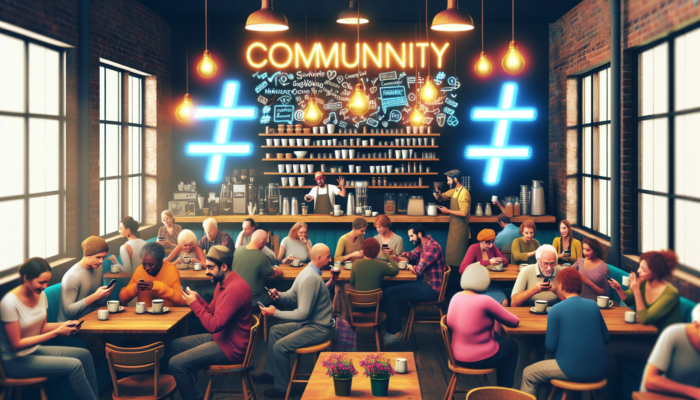 Instagram Marketing in Midsomer Norton for Small Business: Vibrant café in Midsomer Norton with locals enjoying coffee, scrolling on their phones, using hashtags like #MidsomerNortonEats, with chalkboard signs and cozy lighting.