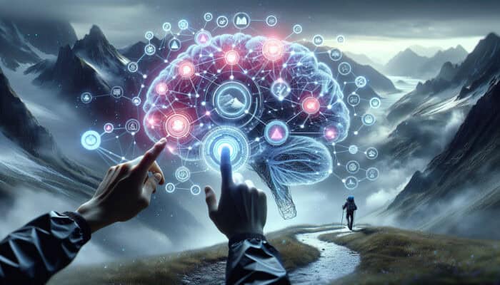 Futuristic neural network brain analyses "best hiking trails," connecting to synonyms like scenic views and trail difficulties amid misty mountains.