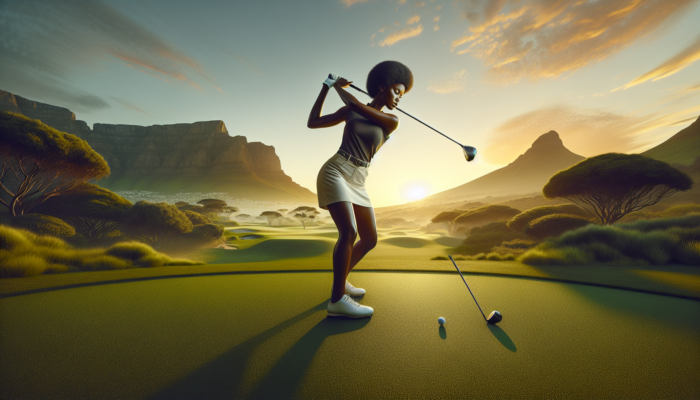 A focused South African golfer with dark skin swings an adjustable driver on a lush green course near Table Mountain, with the ball's accurate trajectory highlighted by golden sunset light.