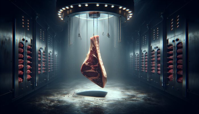 Best Methods for Dry-Aging Beef: A prime beef cut hangs in a dimly lit, humidity-controlled chamber with gentle airflow, enhancing its texture and flavours over weeks.