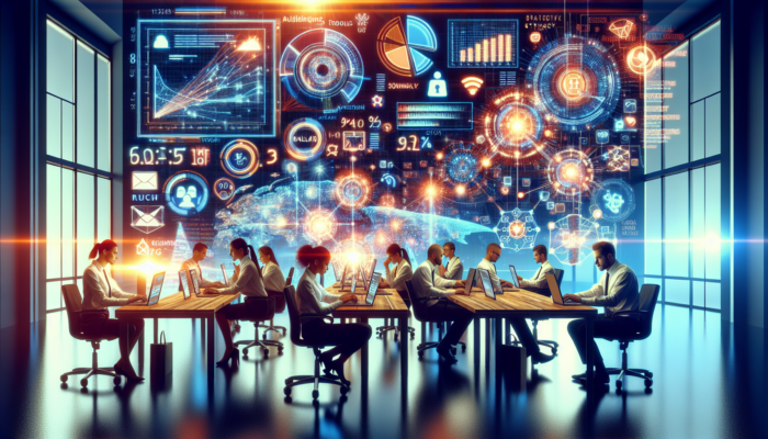 Business owners in a Patchway office analyzing social media analytics on glowing screens, surrounded by charts of engagement, reach, demographics, and Facebook/Instagram icons.