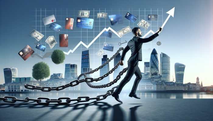 A confident person in London's skyline breaking debt chains, with rising credit score graph and icons of a house and car.