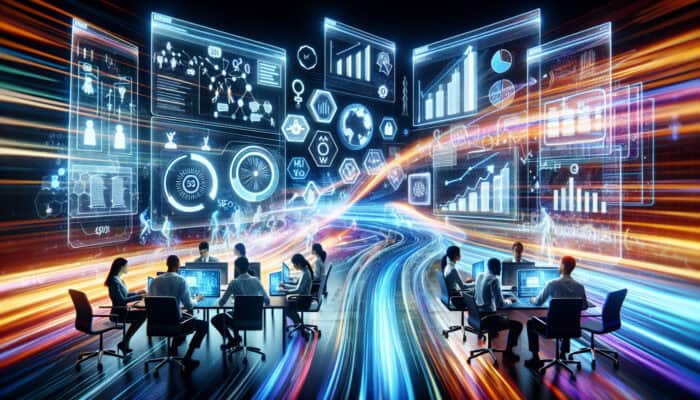 Futuristic digital workspace with SEO experts analyzing data on holographic screens, flowing content streams, and upward-trending graphs.