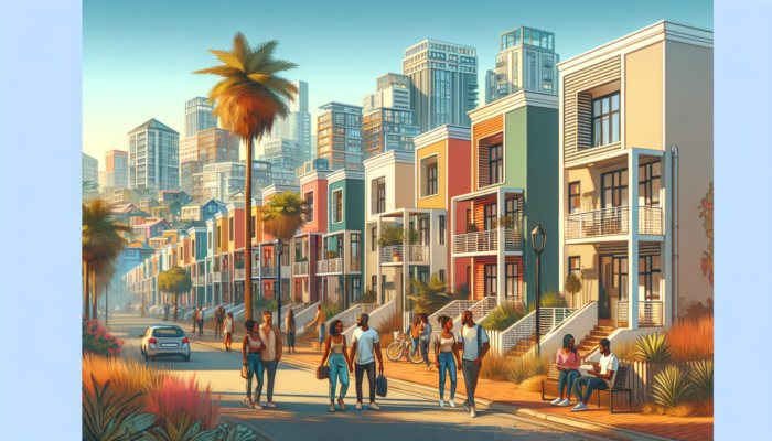 Vibrant Durban street scene with modern apartments, colourful townhouses, smiling families, sunny skyline, and palm trees.