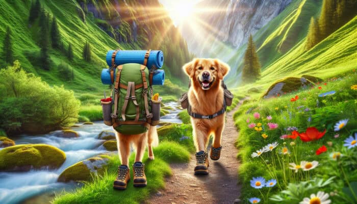A golden retriever in hiking gear, including backpack and harness, treks a lush mountain trail at dawn with wildflowers and a stream.