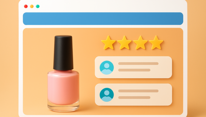 Dynamic e-commerce page for Nailsea business: central product image featuring bold star ratings and glowing customer reviews.