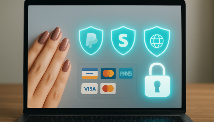 Modern checkout interface with PayPal, Stripe, WorldPay icons, secure locks, and encryption shields.