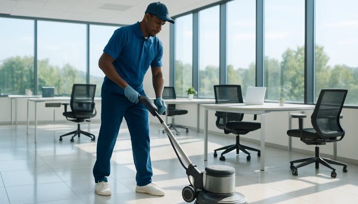 Professional cleaner polishing floors in a spotless East Coker office, showcasing commercial cleaning efficiency.