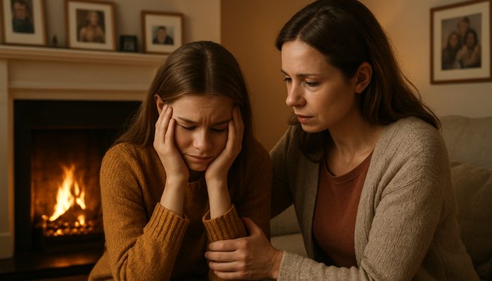 Supporting Relatives to Seek Their Own Advice | DCL Mother comforts anxious daughter by fireplace in cosy UK living room, surrounded by family photos.