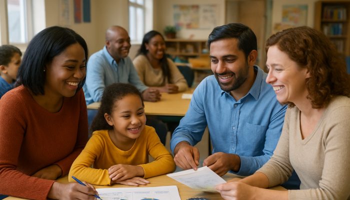Supporting Relatives to Seek Their Own Advice | DCL Diverse families in a UK community centre, sharing financial literacy ideas with warm smiles.