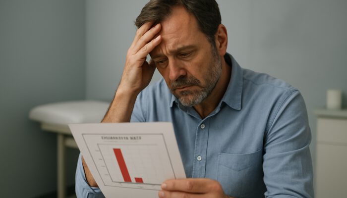 Tired middle-aged man at the clinic examining his low testosterone blood test report, displaying signs of fatigue and distress.