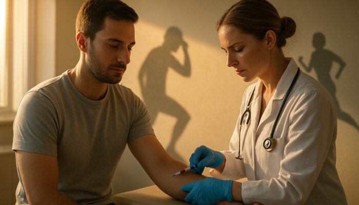 Patient extending arm for testosterone blood test in a sunlit UK clinic at dawn, with shadows of stress and a runner.