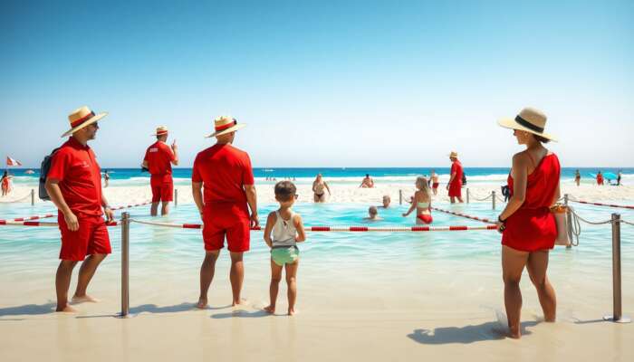 Beach scene featuring lifeguards in red uniforms monitoring swimmers in designated areas, families wearing hats and sunglasses under the bright sun.