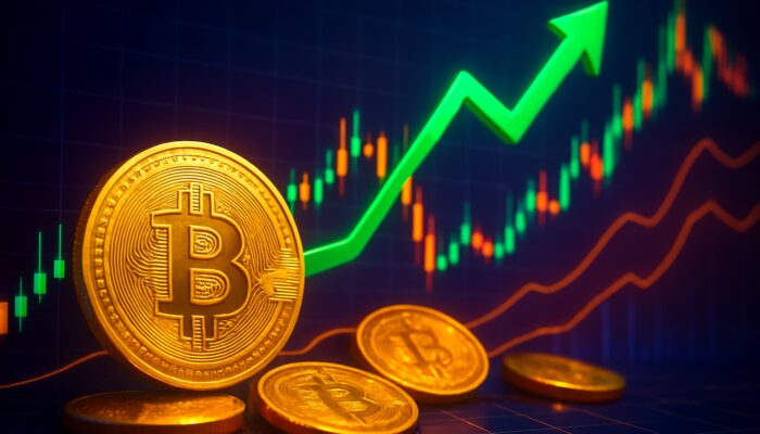 Bitcoin chart with green upward arrow marking take-profit sell at peak price, surrounded by glowing cryptocurrency coins.