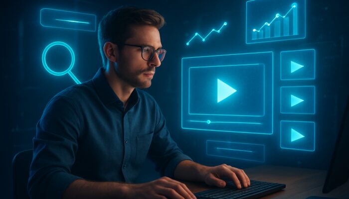 SEO expert analysing video data on illuminated screens with holographic keywords and trending graphs.