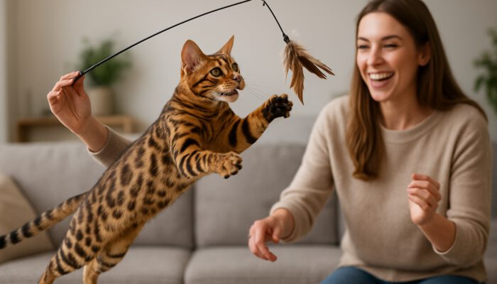 Bengal cat leaping after feather wand in playful hunt with smiling owner.